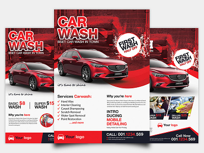 Car Wash Flyer advertising auto clean auto detailing business car car care car cleaning car polish car wash car wax care carwash corporate equipment flyer leaflet maintenance promotion psd red