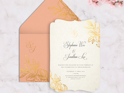 Gold Floral with peach envelope minimalist wedding invitation goldfoilweddinginvitation logodesign peachinvites peachweddinginvitation wedding card wedding design wedding invitation wedding invite weddinglogo weddings