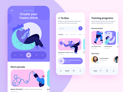Personal Growth Application conceptual design app audio character course online ilabs illustration mobile online course product design program training ui