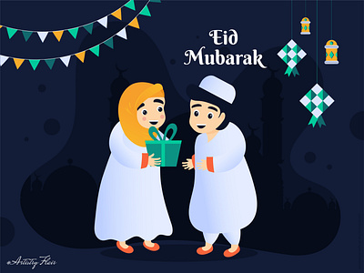 Eid Mubarak abstract artistry flair celebration character colorful concept creative decoration design dribble eid fasting handrawn happy illustration ketupat lanterns mosque mubarak vector