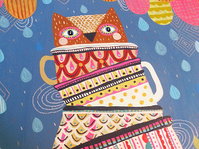 Owl cup bird illustration mixed media nature owl painting pattern print pattern tea tea cup