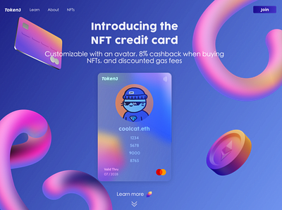 Token3 3d avatar blockchain credit card crypto eth ethereum figma fintech glass morphism gradient landing page nft spline web web design web3