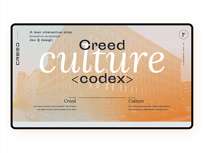 Creed Culture Codex Website 3d agency animation careers culture development interaction design landing page minneapolis minnesota mn no code office studio team web web design webflow website