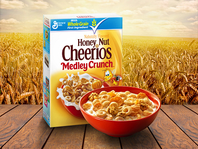 Cheerios Ad bowl box breakfast cereal cheerios crunch farm food general mills healthy honey milk