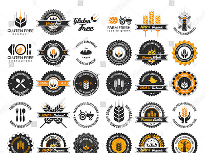 Whole Wheat Flour Gluten Free Labels agriculture badge bakery bread collection emblem farm fast food flour food gluten free harvest illustration locally grown set stamp tractor vector wheat whole grain