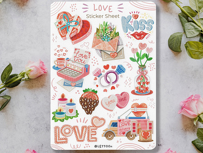 Love Sticker Sheet cartoon illustration charecter design design drawing hand drawn illustration illustrator love lovecraft procreate rose valentine art valentine day