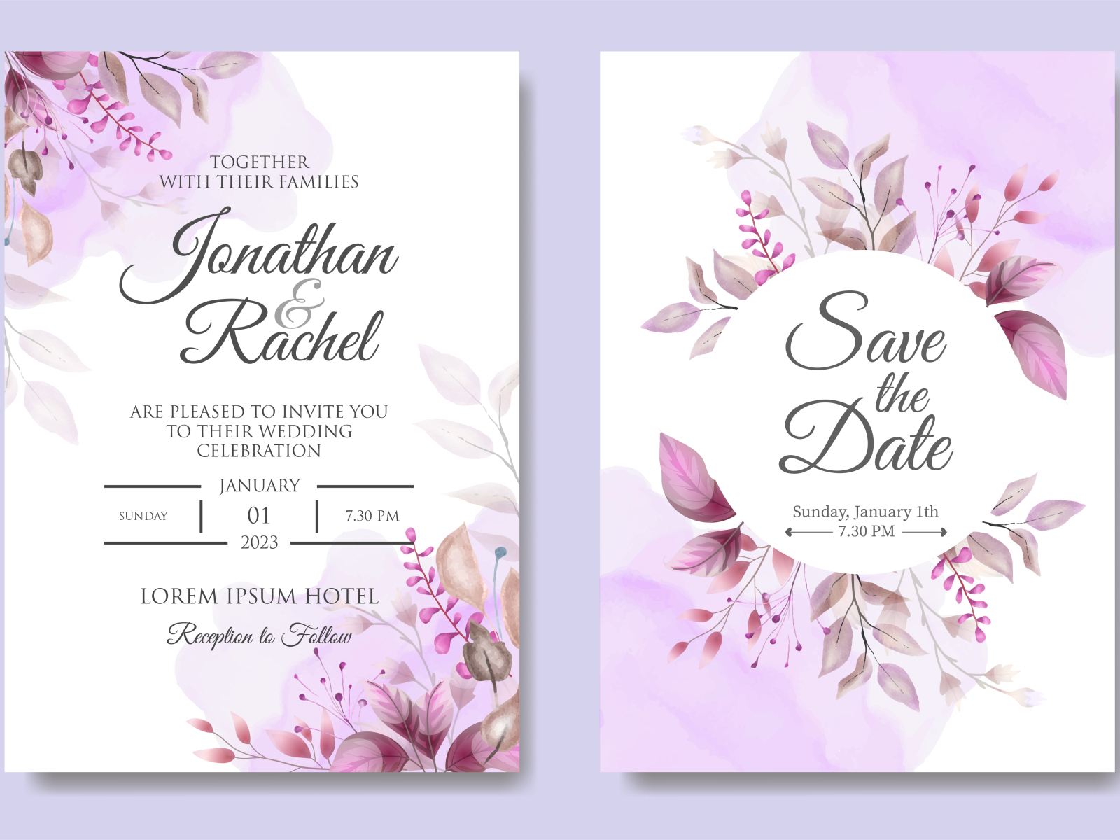 Elegant floral wedding invitation template in classic purple by Yekti Eka  on Dribbble