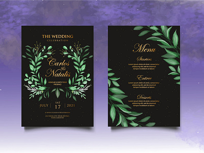 Watercolor wedding invitation floral and leaves card template