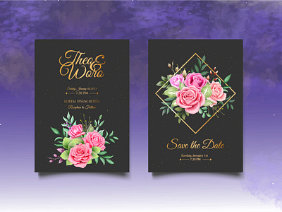 Watercolor wedding invitation floral and leaves card template