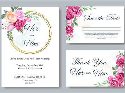 Wedding Invitation Card with Beautiful Flowers and Leaves