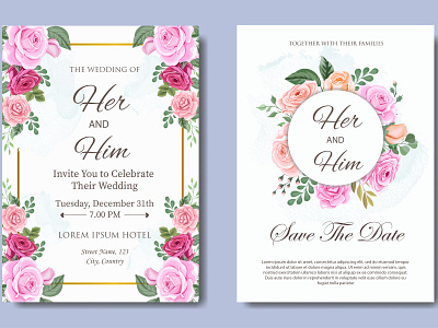 Wedding Invitation Card with Beautiful Flowers and Leaves