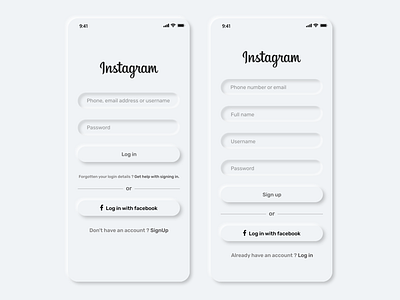Neumorphism ui design - Instagram Login and Sign up screen