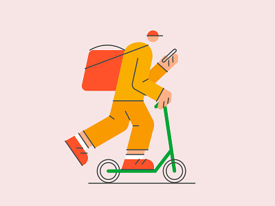 Deliveryman character courier delivery deliveryman flat food illustration kick scooter pizza vector