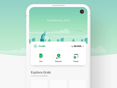 Grab New Home Screen Exploration booking app grab green home screen indonesia jakarta payment sea food skyline southeast asia transport ui user interface