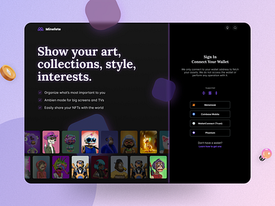 Login Web3 NFT Gallery Showcase crypto cryptocurrency dapp design interface landing page login nft sign in sign up ui user experience user interface ux web web3 website