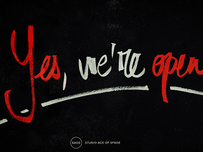 Yes, we're open! black brush pen calligraphy hand drawn type red type
