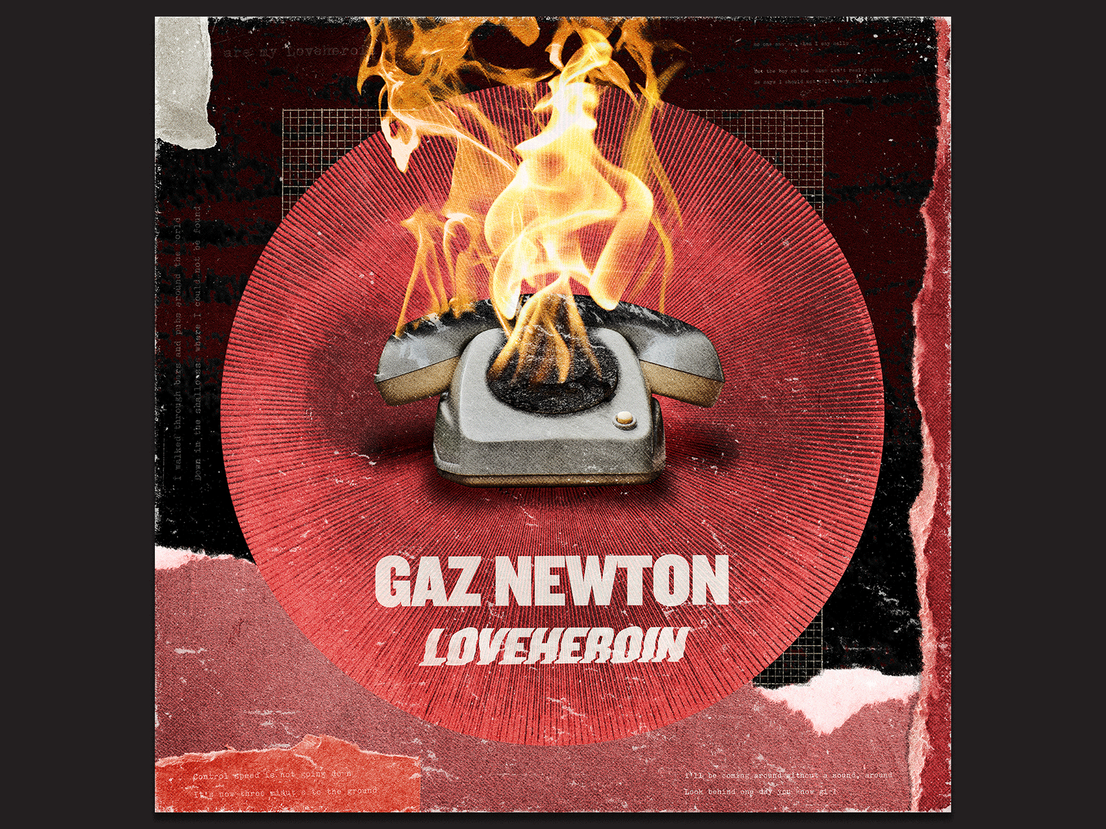 Gaz Newton - Loveheroin [EP] (scrapped) album art collage collage art distorted type flames sbh scanner type surreal telephone texture the shop typography weird