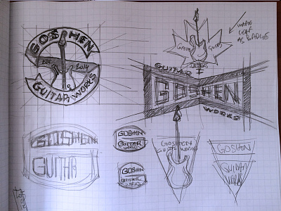 Goshen Guitar Works, phase one: sketches. branding goshen guitar works guitar instrument shop logo sketches visual identity