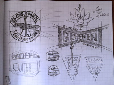 Goshen Guitar Works, phase one: sketches. branding goshen guitar works guitar instrument shop logo sketches visual identity