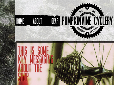 Pumpkinvine Cyclery - Website concept badge bicycle bicycle shop gear grunge muncie pumpkinvine cyclery textured vintage web design