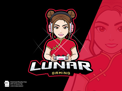 Lunar Gaming - Esport Mascot Logo badges chinese cny culture cute dress emotes gamer girl logo luck lunar mascot new year oriental red streamer twitch