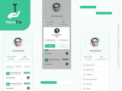 Profile (Ongoing Upcoming Rejected ) Plumber Service app design ui ux web