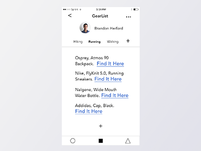 GearList UI, closer look app clean design hiking ios minimal mobile prototype simple ui ux web