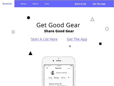 GearList UI for Web app code design landing list page simple ui ux web