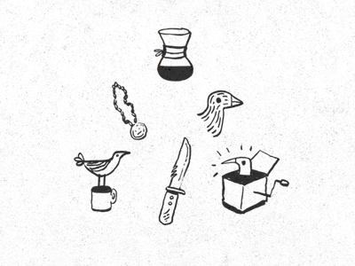 Grundgy Lot birds chemex coffee filter illustration ink items pen weapons