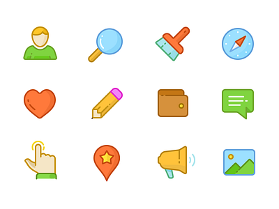 Bright Coloured Icons Set brush colour heart icons interface message outline pen red stroke vector