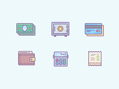 Colored Money Stuff Icons bill calculator colors credit card icon icons money safe outline wallet