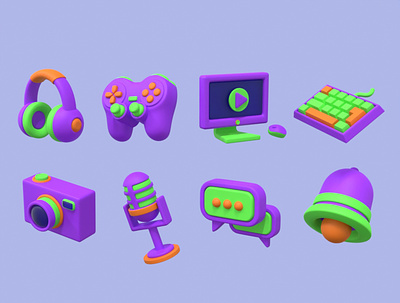 Stream and Game Icons 3d game graphic design green icons illustration purple streaming