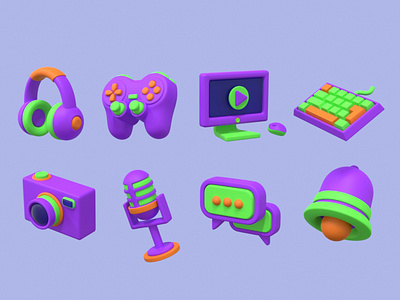 Stream and Game Icons 3d game graphic design green icons illustration purple streaming