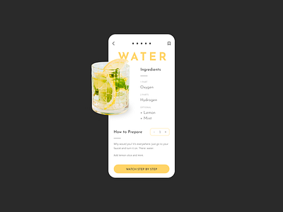 How to prepare water app app design application bar cocktail figma funny ios minimalist mixology mobile mobile app mobile design recipes ui user interface