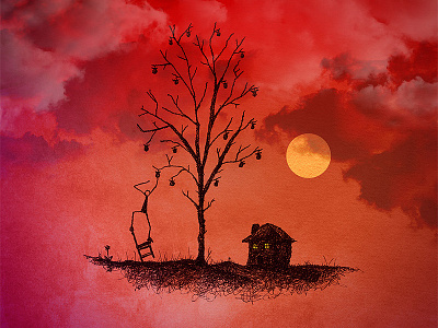 Easy Pickings apples drawing ink orange photoshop red scribble sun sunset tree