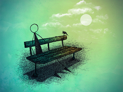 Keeping It Warm For You bench bird clouds drawing moon photoshop texture