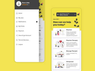 Health App Home Screen and Side Menu app application application design design dribbble dribbleinvite health hospital invitation invite popular ui