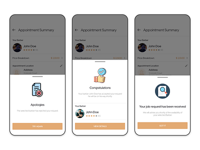 Status Screens app application design barber booking design dribbble illustration mobileapp mobileappdesign popular ui uiux ux ux design vector