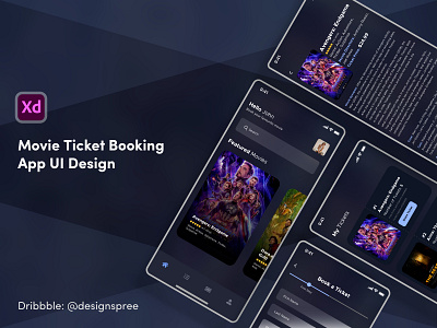 Movie Ticket Booking App UI Design Concept adobexd clean concept creative creative design dark design dribbble idea iphone x mobile mockup modern movie movie app ticket ticket app ticket booking uiux xd design