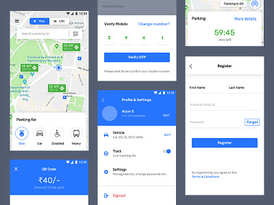 Parkapp app header map mobile app parking profile settings page signup tracking ui ux