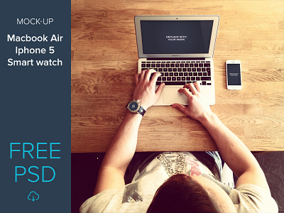Free mockup set macbook air, iphone 5, smart watch