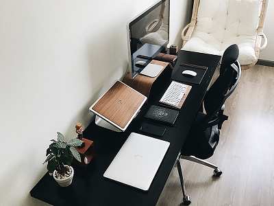 Workspace v2 computers desk freelancer office poster studio table wood work space workplace