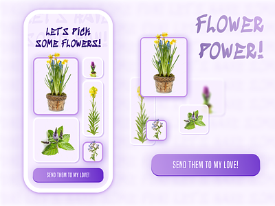 Flower power app front screen app button challange clean concept flower power flowers minimal order plants playful purple purple gradient softui ui