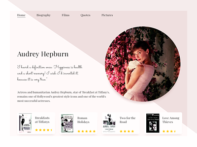 Audrey Hepburn Bio Home Page audrey hepburn biography design homepage homepage design light ui ui design uiux ux
