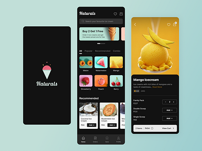 Naturals Ice cream App (Dark Mode) clean ui dark mode ui design inspiration detail page ui fruit icecream homepage ice cream app landing page latest ui light mode mobile design mobile ui naturals ice cream app pastel colors popular splash screen trending ui ui ui inspiration ui ux