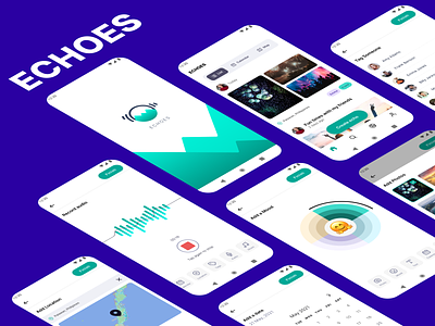 Echoes App app audio recording calendar chips design echo gallery graphs green location logo mood mountains navigation bar scrollable social media sound tags typography ui