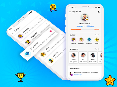 Keep your users motivated; Reward them with virtual badges android badges feeds gamification ios mobile app profile progress bar rewards ui ux