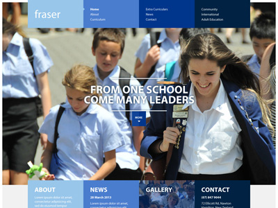 Fraser Homepage background blue box column grid photo school shades web white