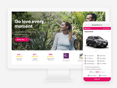 GO Rentals website redesign booking car mobile new zealand pink rentals responsive tourism vehicles web