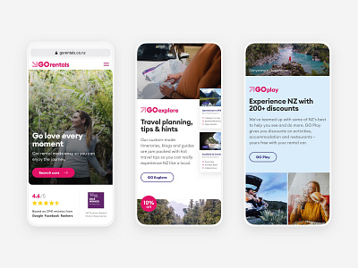 GO Rentals website mobile views 1 booking car new zealand pink rental responsive tourism travel uxdesign web